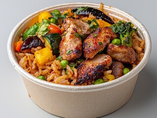 Takeout Lunch Bowl with Grilled Pork, Rice, and Vegetables close up