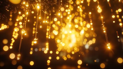 Obraz premium Golden Festive Lights Sparkling Bokeh Background Elegant Warm Yellow Christmas New Year Holiday Decoration Abstract Festive Design Bright Glimmering 