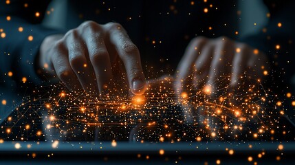 Person using digital tablet, network map, dark background, tech concept, website banner