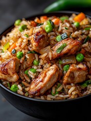 Fototapeta premium Delicious Chicken Fried Rice Bowl with Peas, Carrots and Scallions