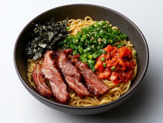Fototapeta premium Gourmet Ramen Bowl with Sliced Steak, Kimchi, and Seaweed Nori