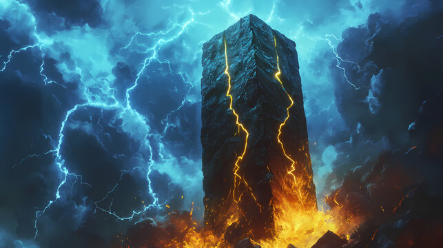 tall stone pillar stormy bolts