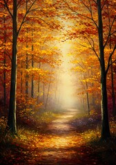 Serene autumn landscape: A luminous path guides through a vibrant forest of amber and gold, evoking tranquility and the splendor of seasonal change