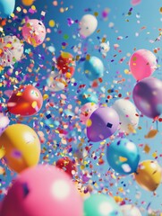 A vibrant display of party balloons against a clear blue sky.