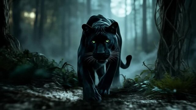 A black panther is walking through a forest with a green eye