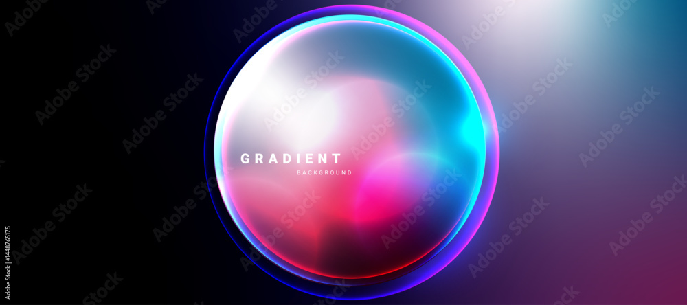 Poster Futuristic sphere with glowing gradients on dark gradient background.	