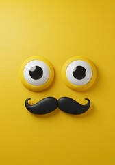 Whimsical visage rendered in bright yellow tones, with expressive cartoonish eyes and a stylized black mustache conveying playful humor