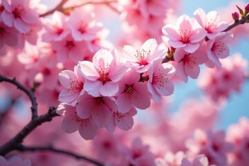 Obraz premium Vibrant sakura explosion, densely packed blossoms , floral background, flowers, red flowers