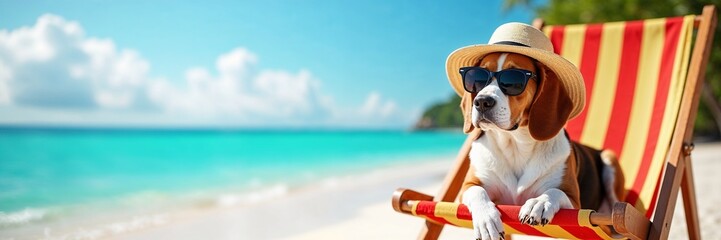 Cool beagle dog with hat and sunglasses lounging on beach chair, enjoying summer day, vacation, sun protection for pets