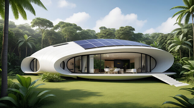 Modern inflated smooth flowing paraboloid house with the jungle on solar panels very detailed and realistic shape