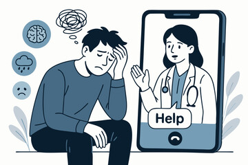 Online Mental Health Therapy Session via Video Call. Depressed Patient Seeks Virtual Support from Doctor on Smartphone. Telemedicine Psychology Consultation Vector Illustration.