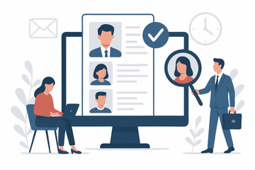 Efficient Online Hiring Process Vector Illustration Showing HR Managers Reviewing Candidate Profiles on Computer Screen for Recruitment and Talent Acquisition Success Strategy Design