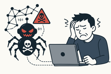 Frustrated man at laptop computer dealing with cybersecurity threat represented by menacing virus spider bot malware hacker attack network security breach warning vector illustration.