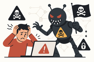 Vector illustration of a cybersecurity breach: A menacing black robot virus bot with a pirate flag attacks a stressed man using a laptop, showing malware and hacking concepts.