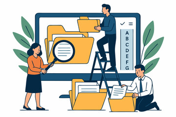 Vector illustration of business professionals managing digital files, organizing documents, searching archive system on computer screen - concept for data storage and teamwork.