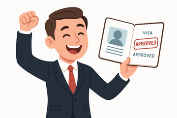 Successful businessman celebrating visa approval, holding passport with red approved stamp. Flat vector graphic concept for immigration, international travel, and document success.