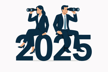 Future business vision 2025 concept with businessman and businesswoman using binoculars. Vector illustration for strategic planning, forecasting, trends, goals, and opportunity search.