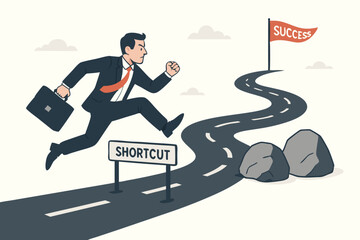 Determined businessman in suit jumps over shortcut sign, choosing the challenging road with obstacles towards the success flag, illustrating ambition, strategy, and career journey vector.
