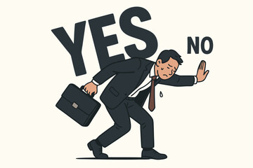 Stressed businessman overwhelmed by work, carrying the heavy burden of 'YES' while trying to say 'NO' to prevent burnout. Vector illustration about setting boundaries and mental wellbeing.