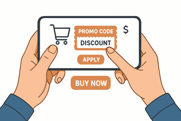 Applying discount promo code on mobile app for online shopping. Hands hold smartphone with shopping cart, coupon field, apply and buy now buttons. Ecommerce vector concept.