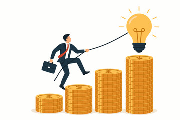 Businessman climbing coin stacks towards a lightbulb idea, representing financial growth, investment success, career ambition, and innovation vector illustration for business concepts.