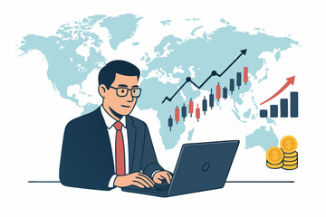 Financial analyst in suit working on laptop, examining global economic data, stock market trends, and investment growth charts with world map visualization. Vector business concept.