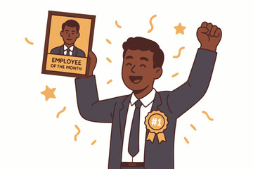 Employee Recognition Vector: Cheerful African American male professional celebrating being named Employee of the Month, holding award plaque with pride, symbolizing success and workplace achievement.