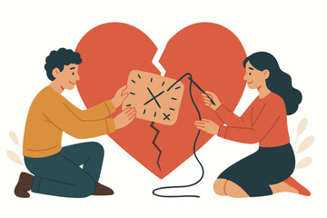 Healing a Broken Heart Vector: Couple Working Together, Man Applying Clock Patch, Woman Sewing Crack, Symbolizing Relationship Therapy, Reconciliation, Patience, and Love Repair