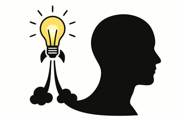 Innovation concept vector graphic illustrating an idea launch from a human head silhouette. A lightbulb rocket signifies creativity, startup ignition, inspiration boost, and brainpower acceleration.