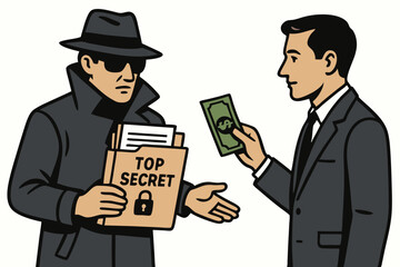 Corporate Espionage Vector: Businessman Buying Top Secret Classified Documents from a Mysterious Spy Figure in a Clandestine Transaction Depicted in Retro Style Illustration.