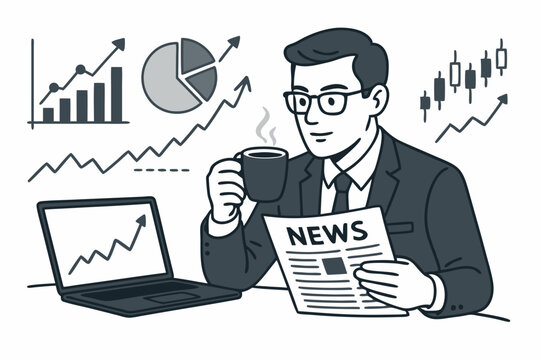 Financial analyst in suit reviews market data charts on laptop and newspaper while drinking coffee. Monochrome vector illustration concept for business strategy and investment success.