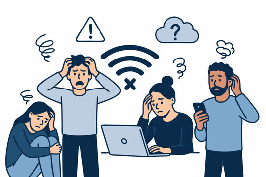 Stressed individuals, men and women, frustrated by poor Wi-Fi connectivity and internet disconnection problems. Vector graphic showing error signals, confusion, and technology issues.