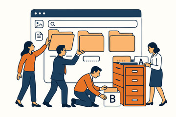 Business professionals managing digital documents and physical files, using online interface and archive cabinet for efficient data organization and retrieval. Office teamwork concept.