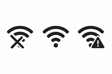 Wi-Fi signal strength indicator icon set vector graphic including full connection, no internet access crossed out symbol, and network connection problem warning triangle illustration.