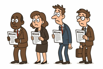 Diverse cartoon job seekers looking stressed and anxious while queueing for an interview, holding resumes and wearing suits, illustrating job market competition and unemployment humor.