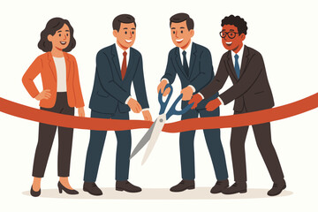 Grand opening celebration vector featuring diverse business people cutting red ribbon with scissors. New venture launch ceremony, startup inauguration illustration for marketing.