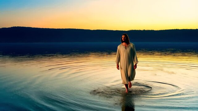 Jesus walking on water at sunset near a serene lake, illustrating a miracle of faith and divinity