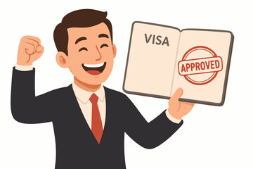 Successful businessman ecstatic about visa approval, holding open passport with red 'Approved' stamp. Flat vector illustration concept for immigration, international travel, work permit.
