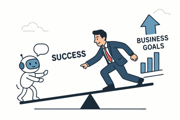 AI Robot and Businessman Teamwork for Achieving Success and Business Goals, Artificial Intelligence Assistance Boosting Entrepreneurial Growth, Innovation, Leadership, and Corporate Success