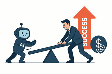 Artificial Intelligence Empowering Business Success, Cartoon Robot and Entrepreneur Leveraging Technology and Innovation for Financial Growth, Profit, and Career Achievement