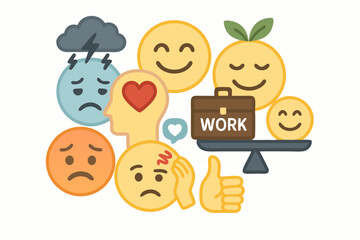 Emotional Intelligence and Mental Health Concept Illustration with Diverse Emojis, Human Head, Heart, Work Life Balance Symbol, Stress, Happiness, and Positive Mindset Icons