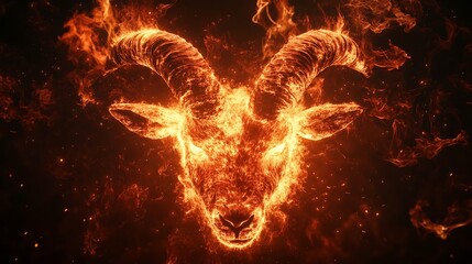 Glowing fiery goat head surrounded by intense flame bursts against a shadowy backdrop generative ai