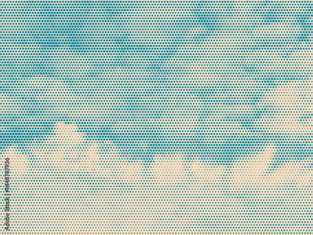 Poster Color halftone texture of blue sky with clouds. Abstract cloud pattern vector dotted pixel texture background with copy space. Vintage cloudy sky