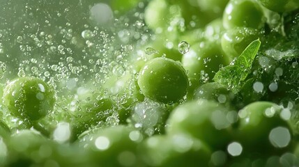Close-up of a group of green peas. the peas are round and plump, and they are covered in small droplets of water.