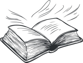 Black and white hand-drawn illustration of an open book with pages fluttering, symbolizing reading and knowledge