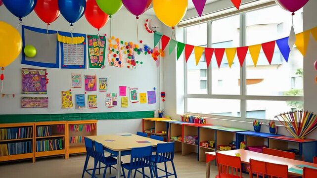 Classroom celebration with vibrant decorations and cheerful atmosphere created for young learners in a lively educational setting Generative AI