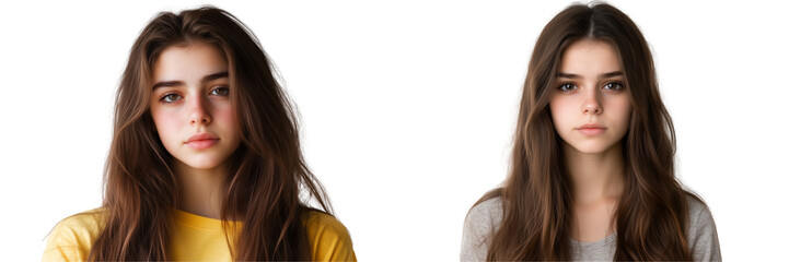 A sad young woman with long brown hair looking at the camera, isolated on a transparent background.
