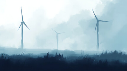 Misty landscape with wind turbines