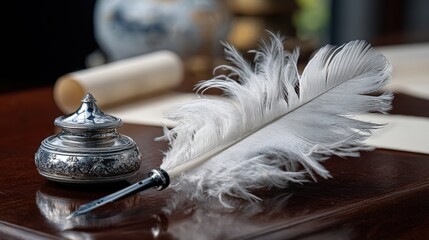 Elegant feather quill pen beside antique ink pot on wooden table.