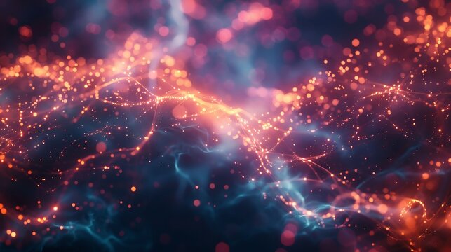 Neon lit string theory representation with vibrating energy threads shaping reality